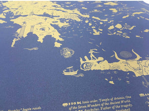 Ancient Greece Map/Illustration, Big Printed Poster, Metallic Dark Blue.