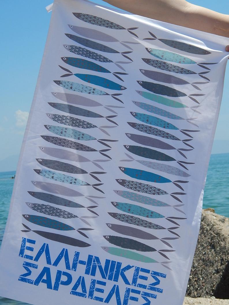 Greek Sardine 100% Cotton Tea Towel.